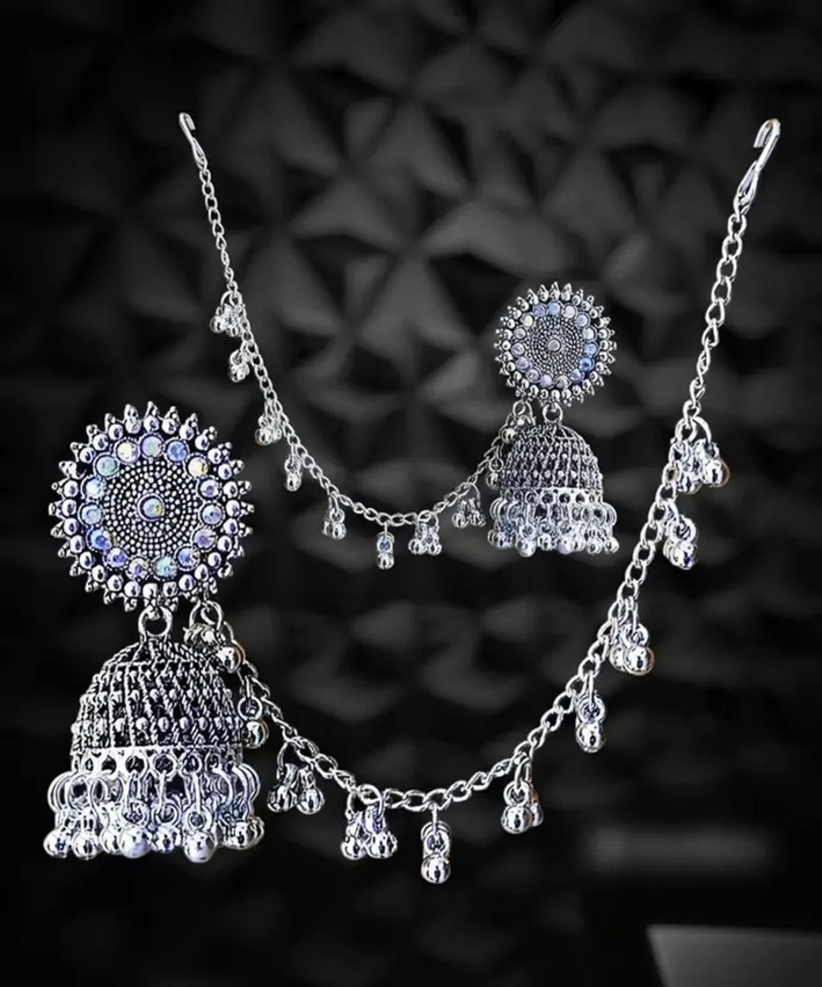 oxidised jhumka earrings with chain front view oxidised jhumka earrings with chain front view