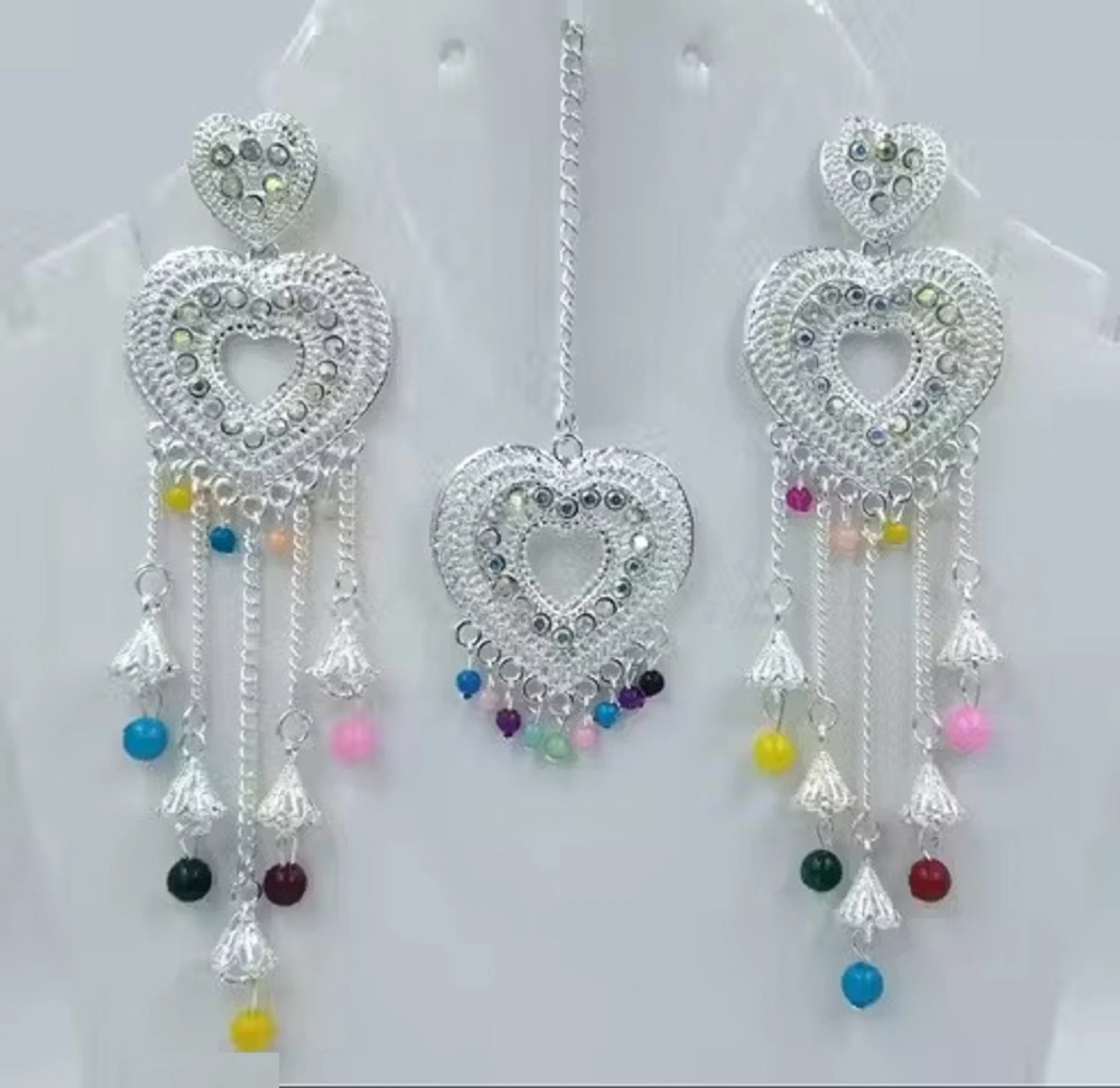 heart design long earrings with maang tikka multicolor beads heart design long earrings with maang tikka multicolor beads