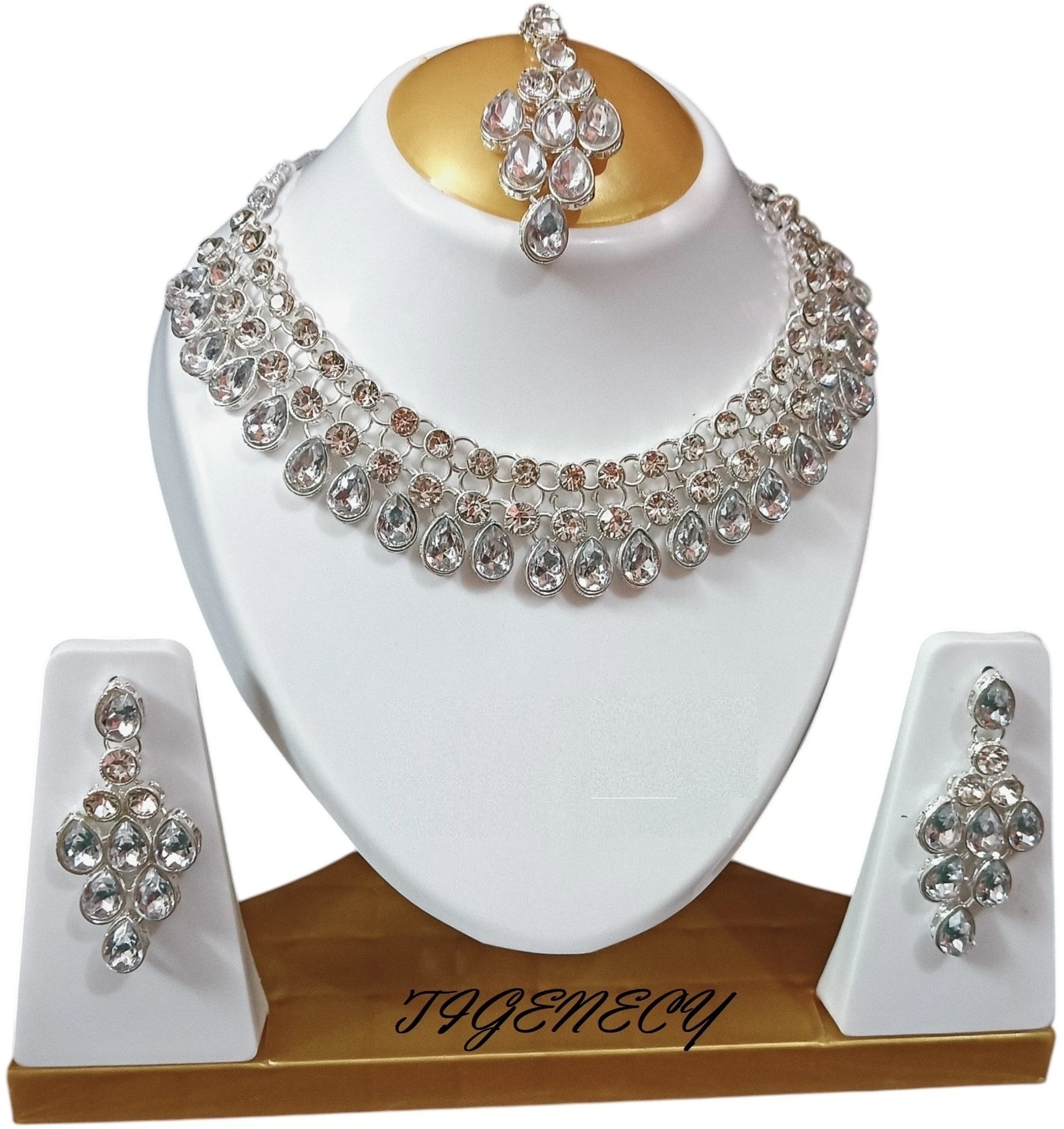 american diamond choker necklace set with earrings and maang tikka american diamond choker necklace set with earrings and maang tikka