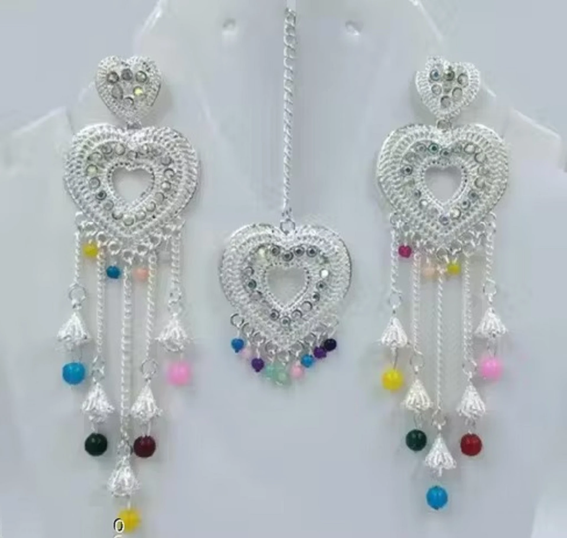 silver heart long earrings with colorful beads and pendant set silver heart long earrings with colorful beads and pendant set