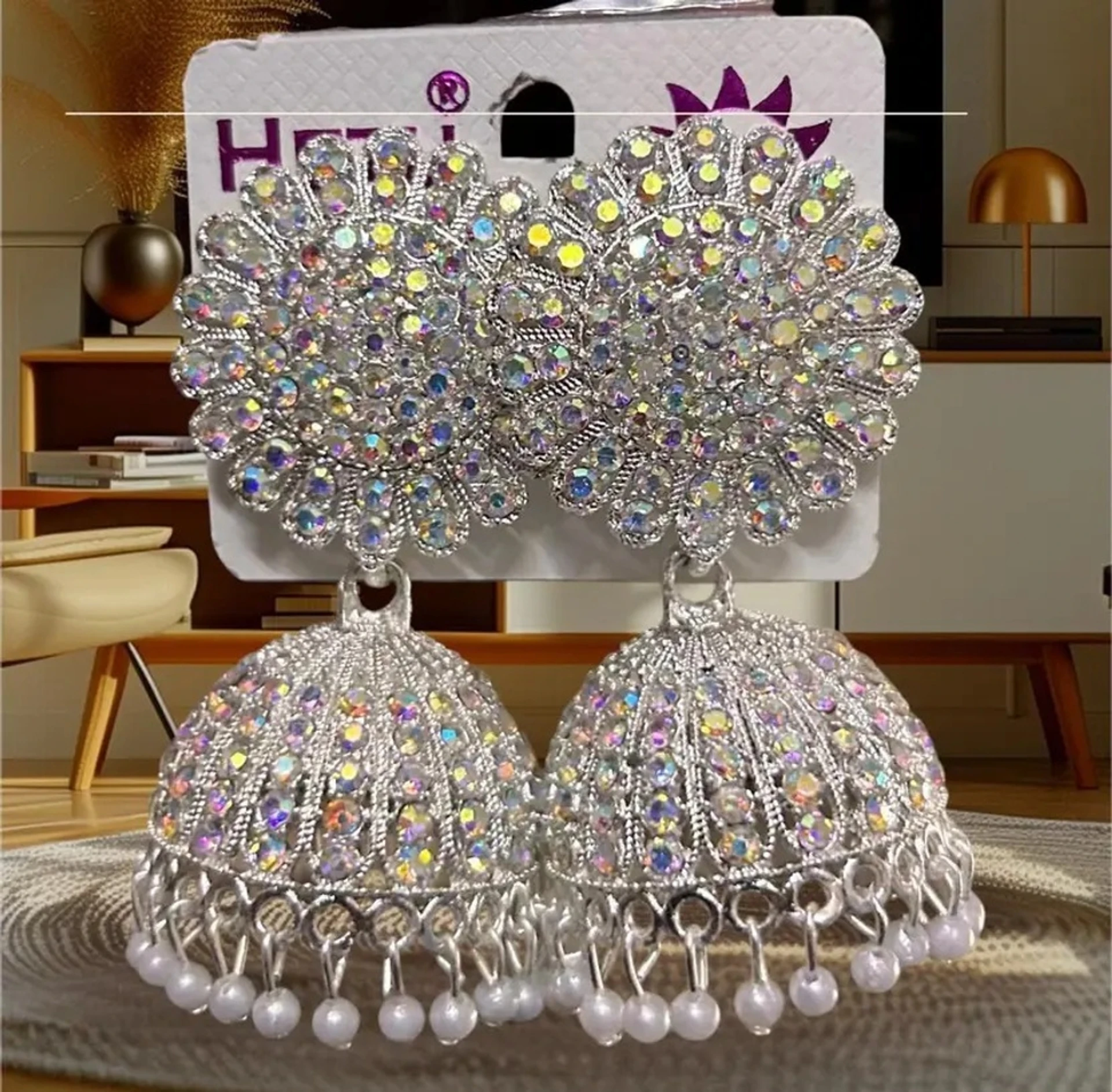 ad stone heavy jhumka earrings with pearl drops silver finish ad stone heavy jhumka earrings with pearl drops silver finish