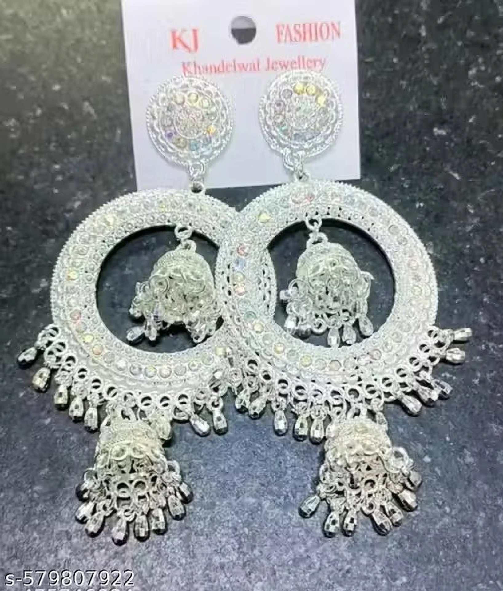 ad stone chandbali jhumka earrings silver hoop heavy design ad stone chandbali jhumka earrings silver hoop heavy design