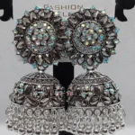 oxidized silver multicolor stone jhumka earrings