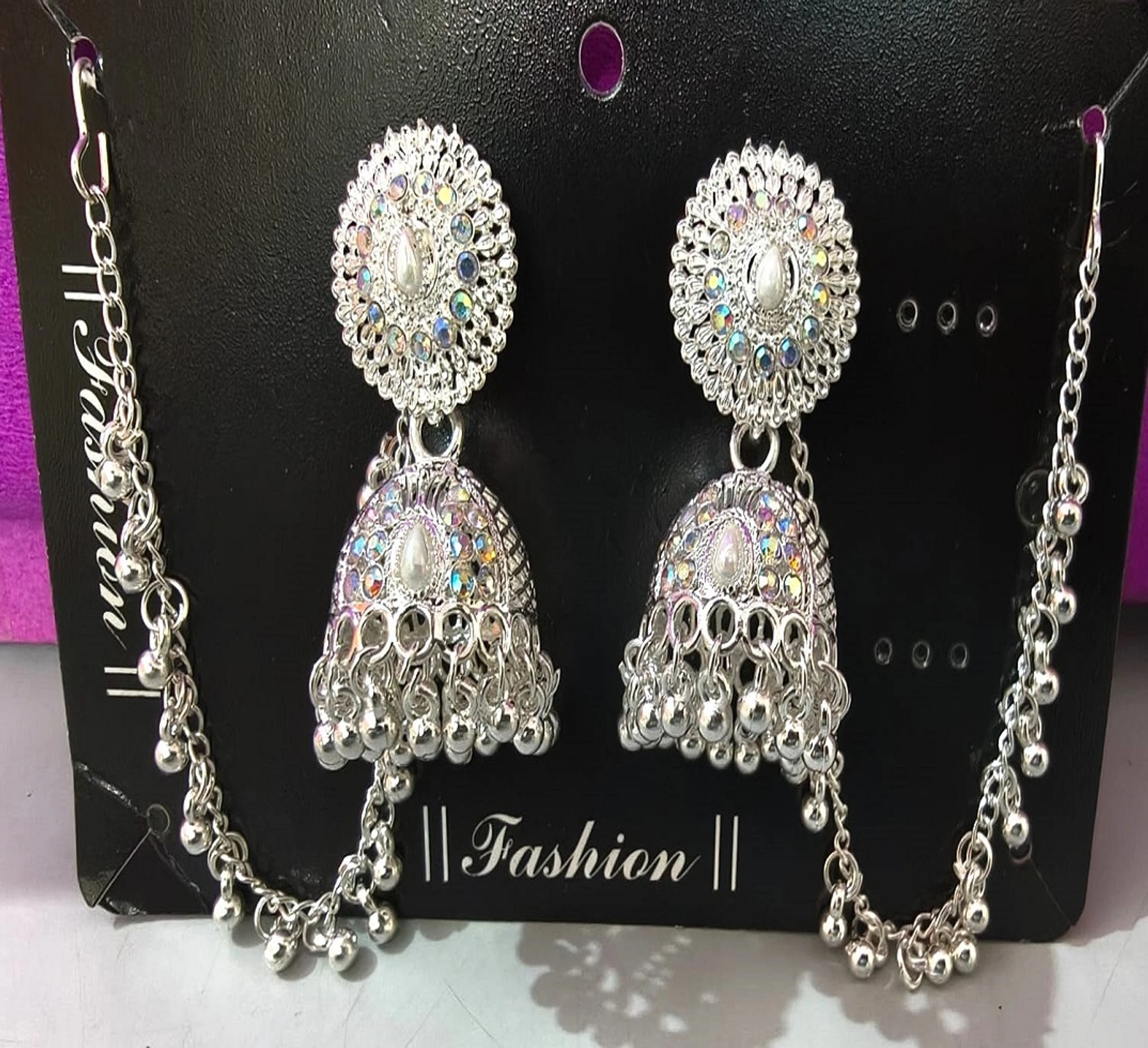 oxidized silver jhumka earrings with ear chain oxidized silver jhumka earrings with ear chain
