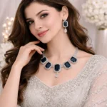 model wearing navy blue artificial jewellery necklace set