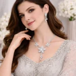 silver american diamond floral drop necklace set wholesale