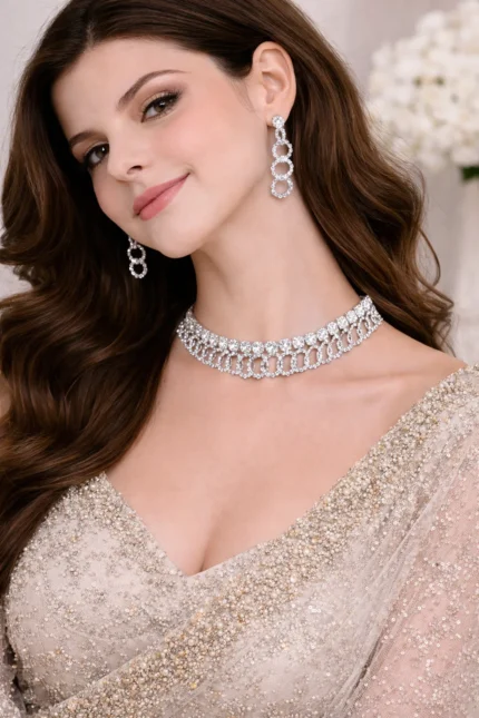 model wearing silver diamond artificial jewellery choker set