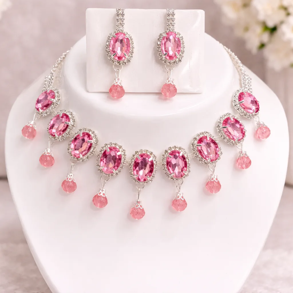 pink crystal bridal necklace set wholesale Pink Crystal Bridal Necklace Set – Artificial Jewellery Wholesale Box (10 Pcs) - Image 1