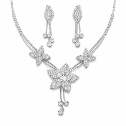 silver american diamond floral drop necklace set wholesale