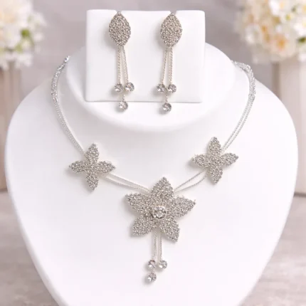 silver floral crystal necklace set wholesale