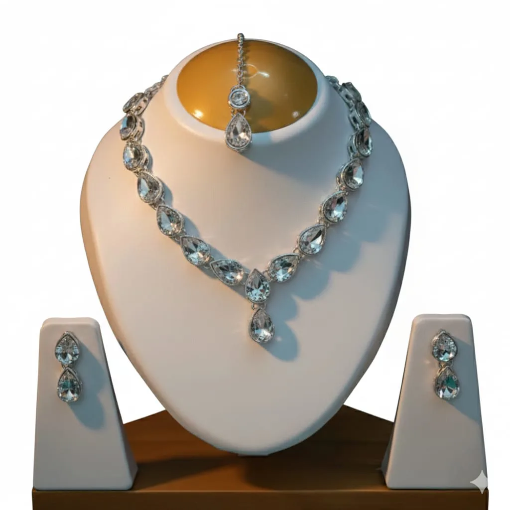 silver teardrop crystal bridal necklace set wholesale with maang tikka silver teardrop crystal bridal necklace set wholesale with maang tikka