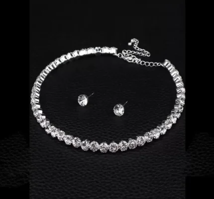 silver american diamond choker necklace set with stud earrings