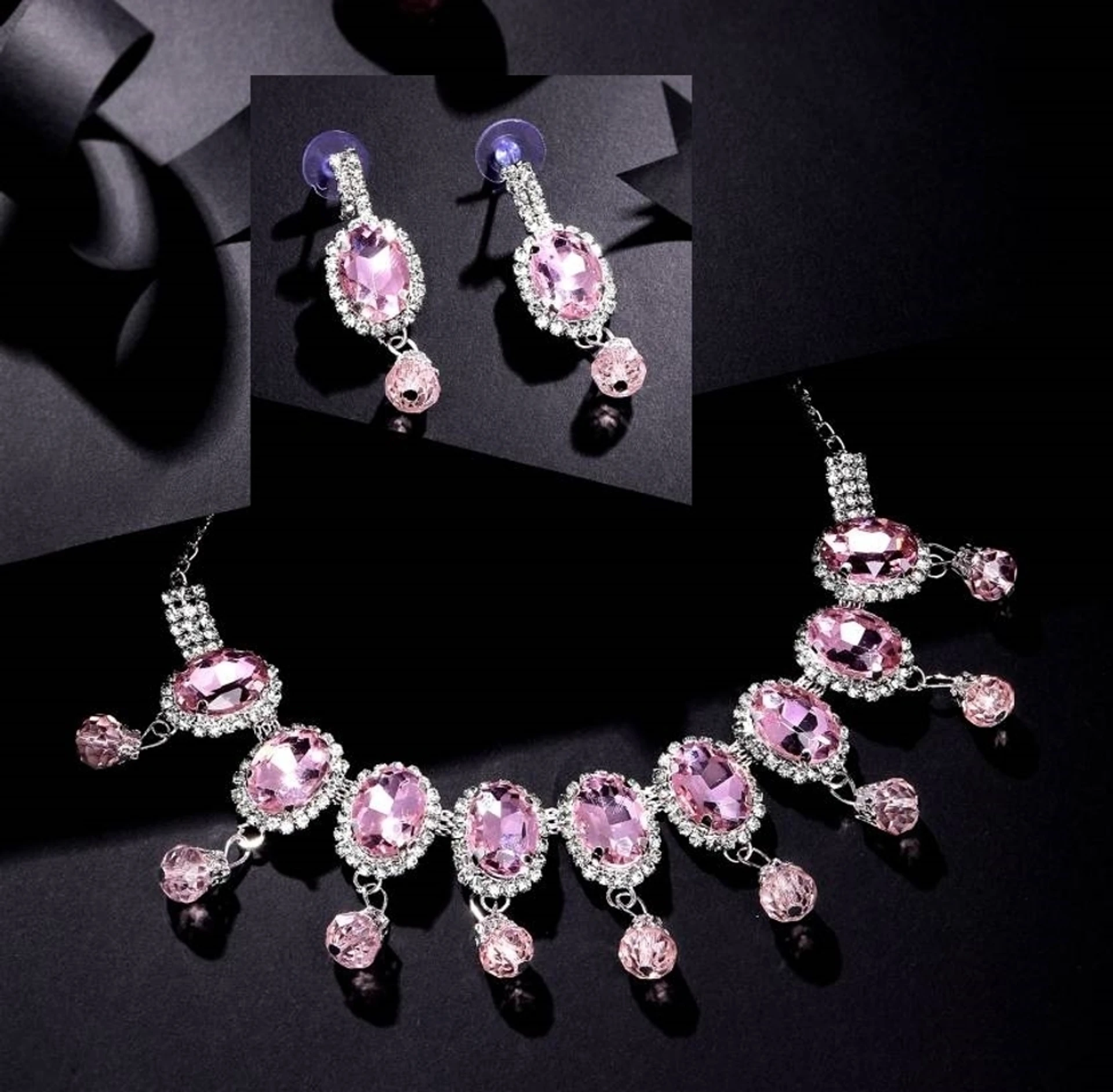 pink american diamond necklace set with drop earrings pink american diamond necklace set with drop earrings
