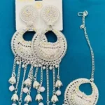oxidised chandbali earrings with pearl chains and maang tikka