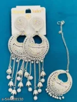 oxidised chandbali earrings with pearl chains and maang tikka