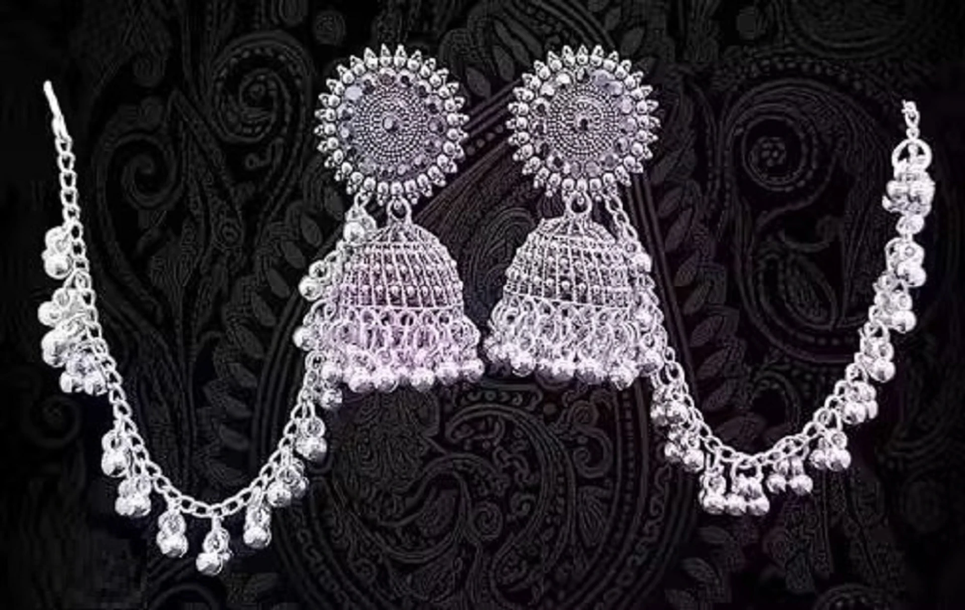 oxidised silver jhumka earrings with sahara chain oxidised silver jhumka earrings with sahara chain