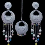 oxidised silver earrings with maang tikka multicolor beads