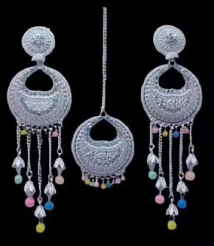 oxidised silver earrings with maang tikka multicolor beads