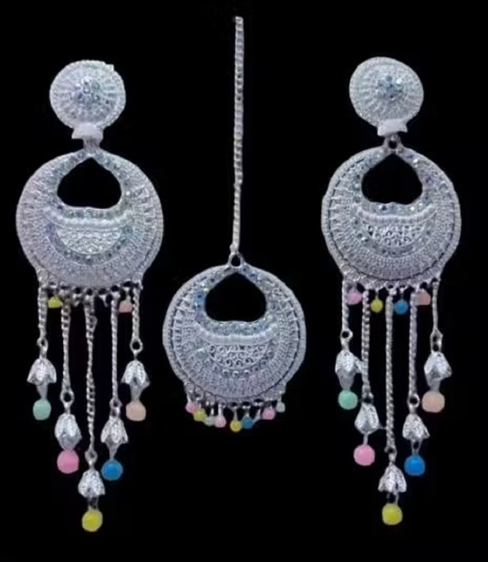 oxidised silver earrings with maang tikka multicolor beads oxidised silver earrings with maang tikka multicolor beads