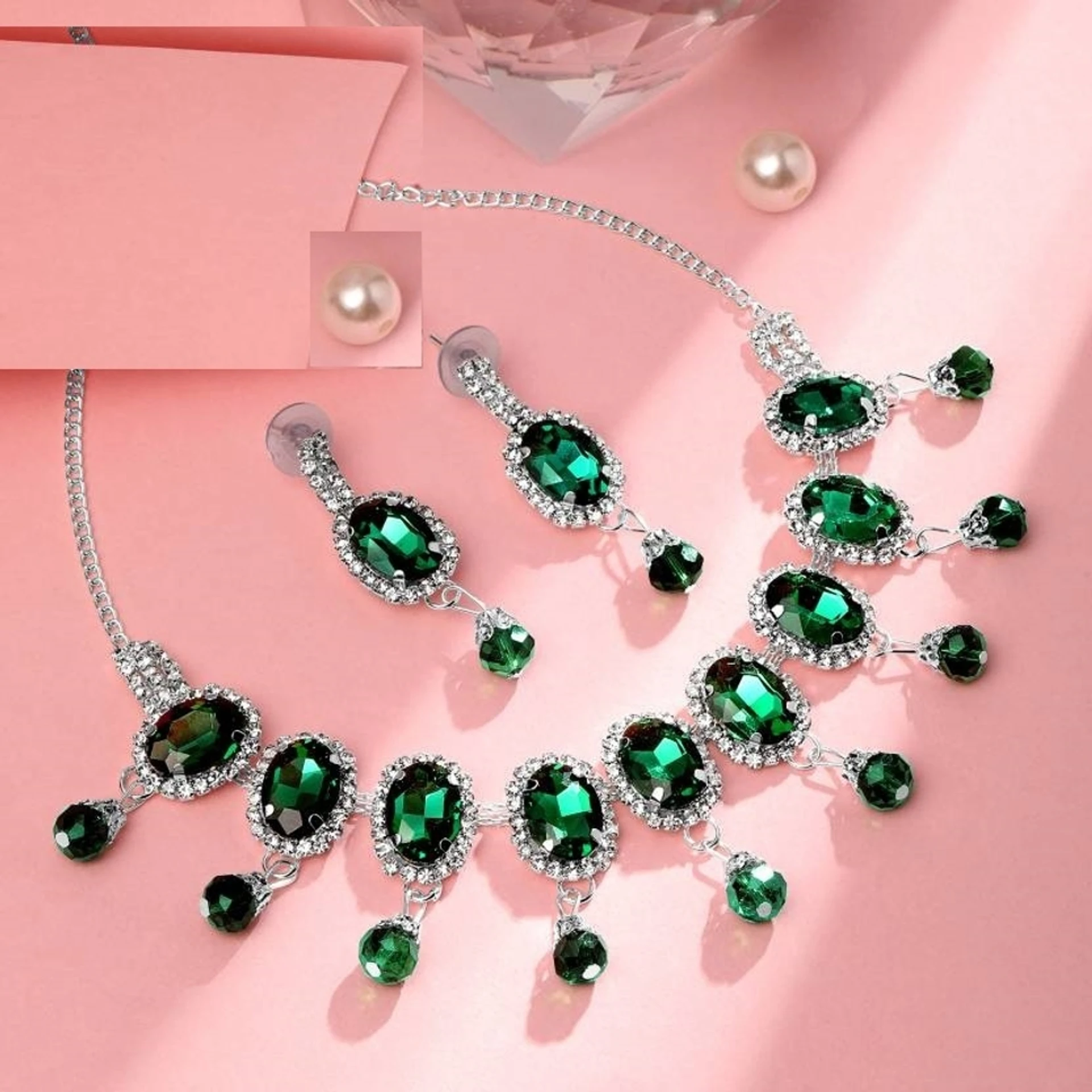 emerald green crystal necklace set with matching earrings party wear emerald green crystal necklace set with matching earrings party wear