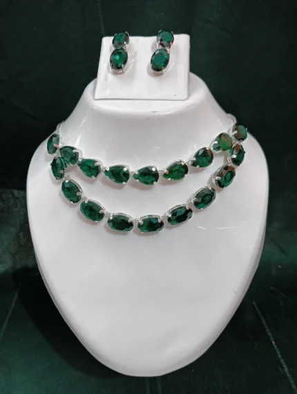 emerald green double layer necklace set with matching earrings minimal design
