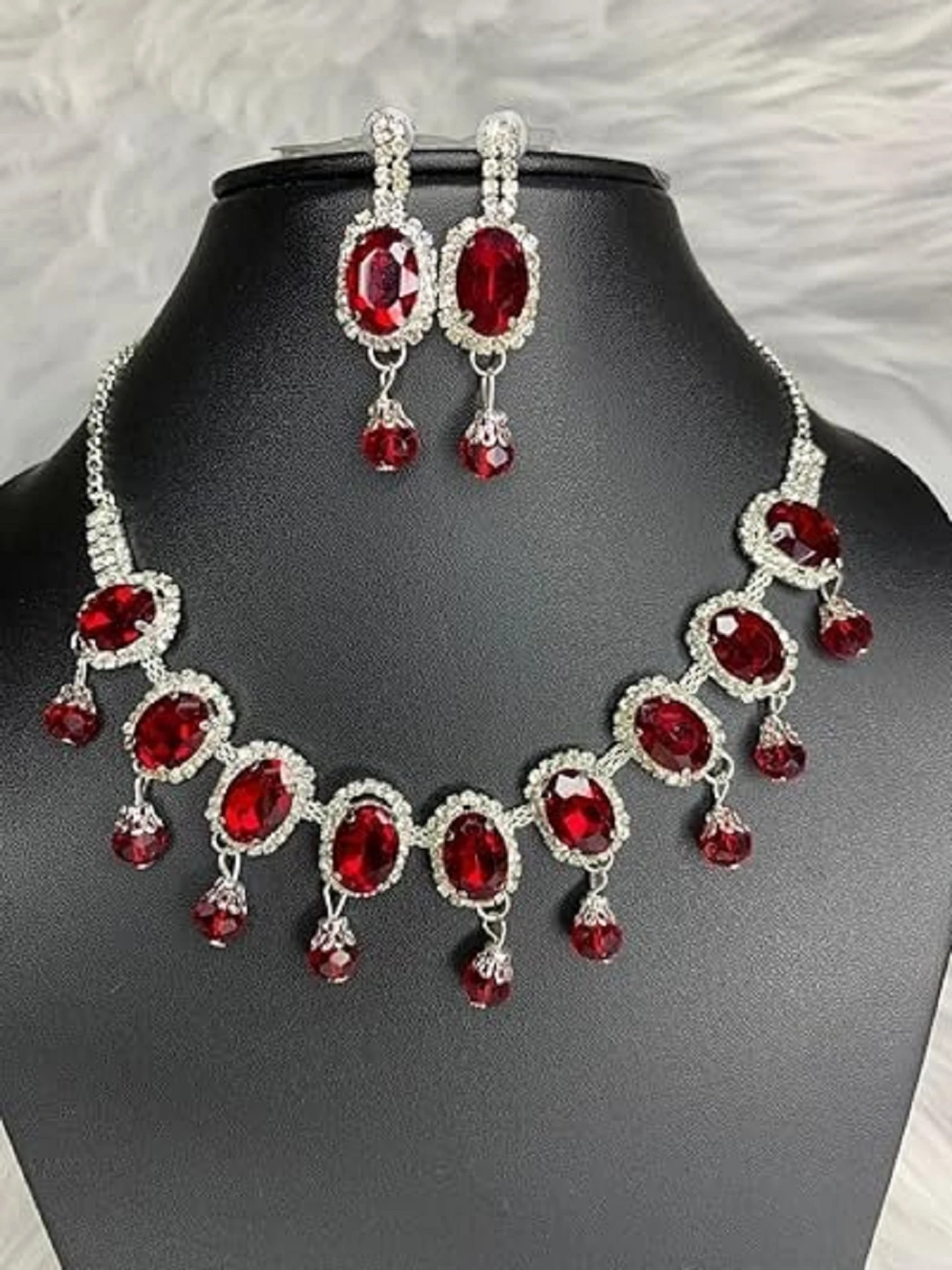 red crystal oval necklace set with earrings silver bridal jewellery red crystal oval necklace set with earrings silver bridal jewellery