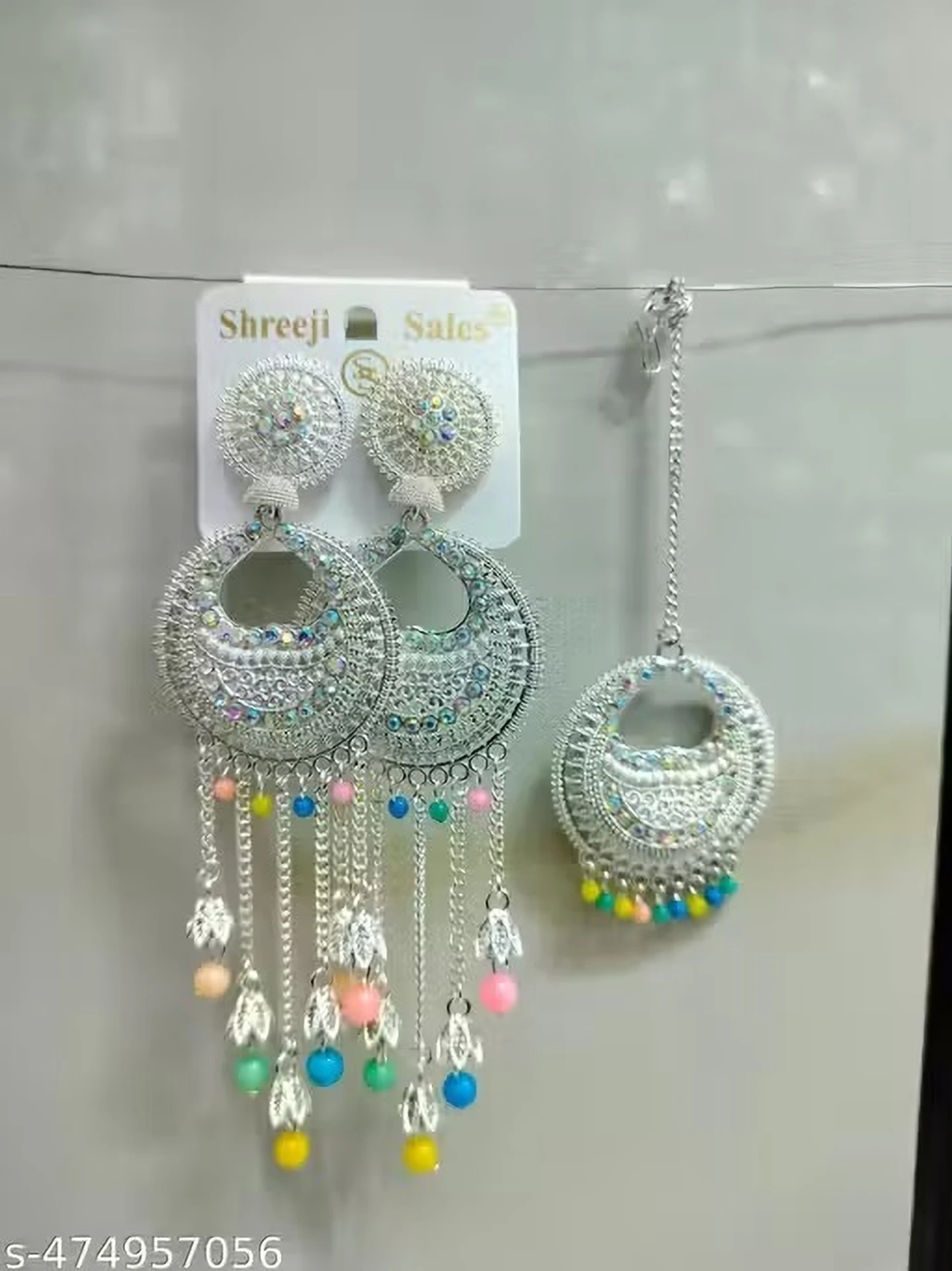 oxidised long earrings with maang tikka multicolor beads wholesale jewellery oxidised long earrings with maang tikka multicolor beads wholesale jewellery