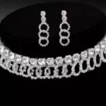 silver crystal choker necklace set with loop design earrings modern jewellery