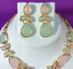 pastel pink green stone necklace set with earrings and pendant