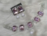pink crystal choker necklace set with pearl drop earrings