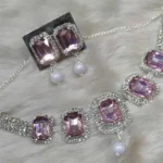 pink crystal choker necklace set with pearl drop earrings
