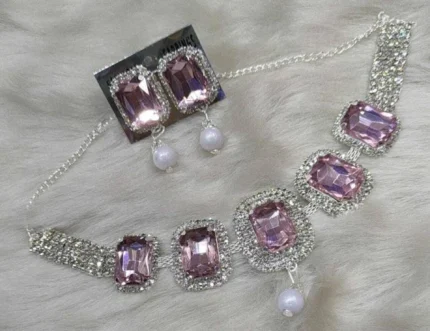 pink crystal choker necklace set with pearl drop earrings