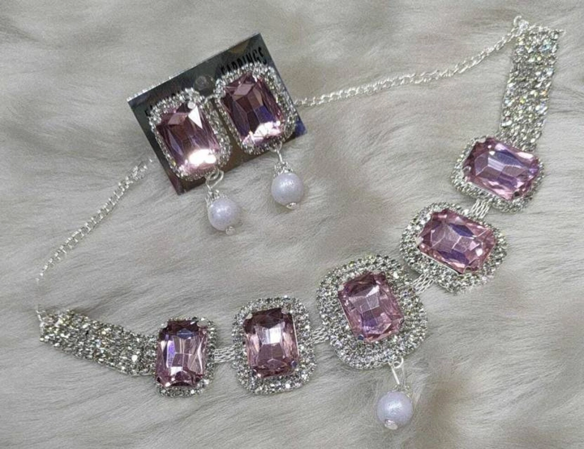 pink crystal choker necklace set with pearl drop earrings pink crystal choker necklace set with pearl drop earrings