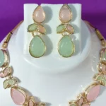 pastel green pink stone necklace set with earrings and pendant
