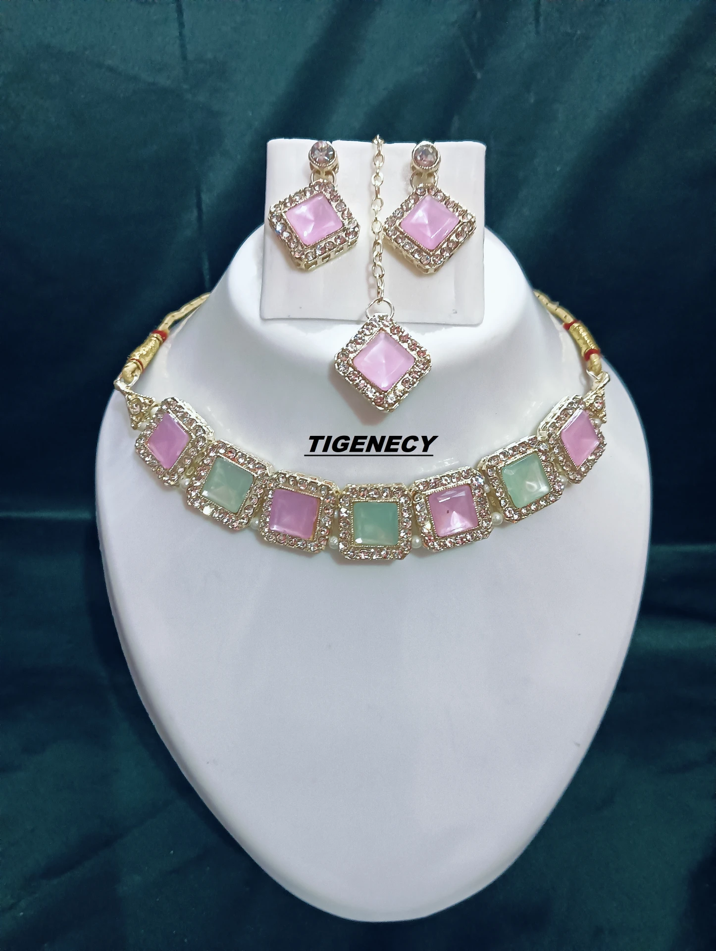 pastel square stone gold choker necklace set with earrings and pendant pastel square stone gold choker necklace set with earrings and pendant