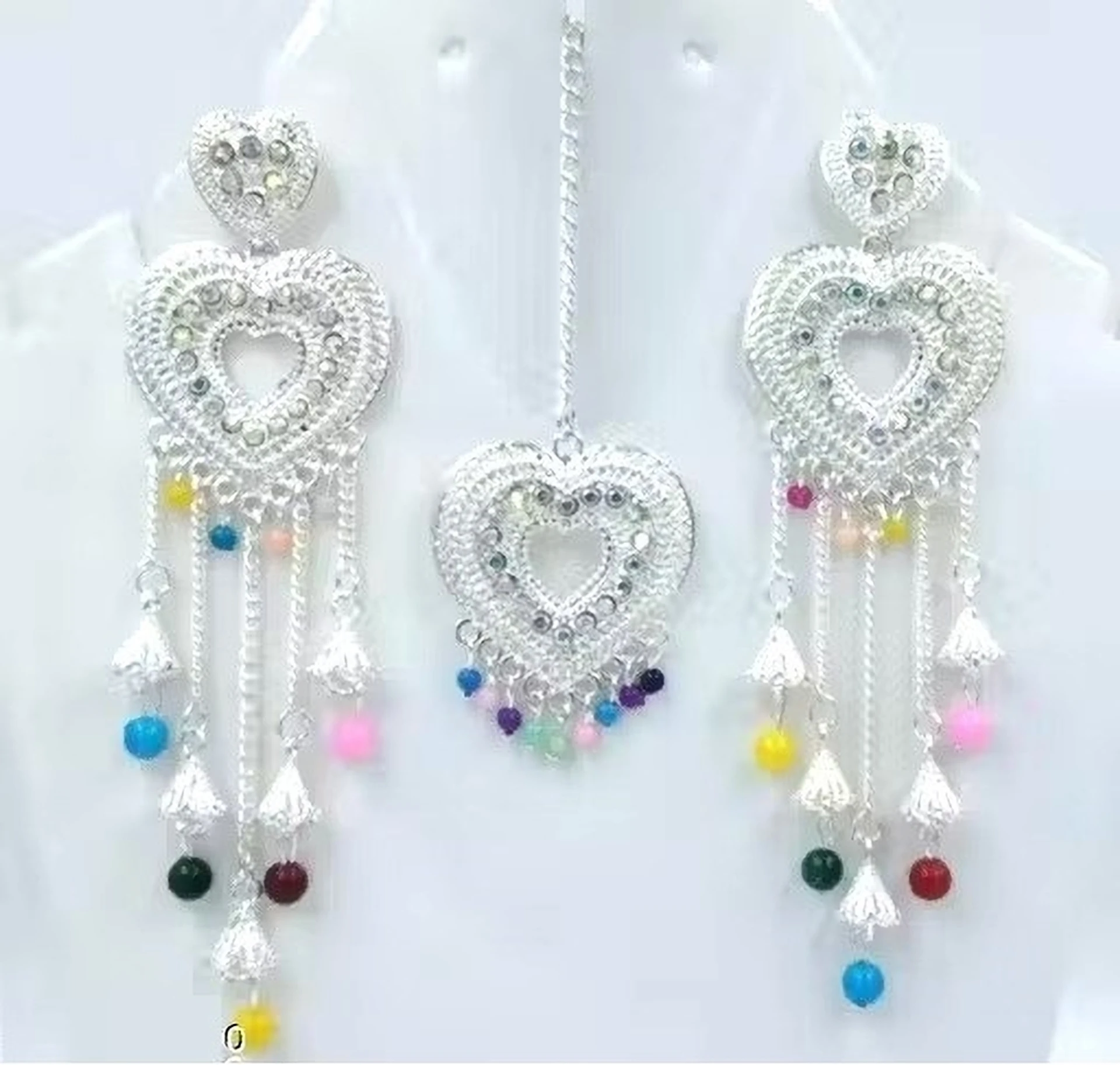 silver heart design necklace set with multicolor beads earrings and maang tikka silver heart design necklace set with multicolor beads earrings and maang tikka