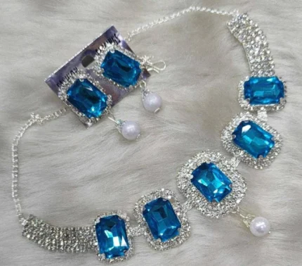 royal blue stone choker necklace set with pearl drop earrings