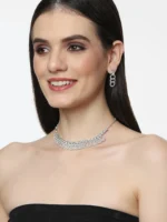 silver crystal choker necklace set with loop design earrings modern jewellery