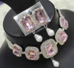 pink crystal choker necklace set with pearl drop earrings
