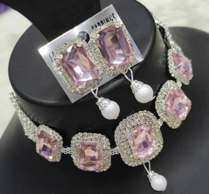 pink crystal choker necklace set with pearl drop earrings