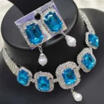 royal blue stone choker necklace set with pearl drop earrings