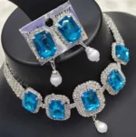 royal blue stone choker necklace set with pearl drop earrings