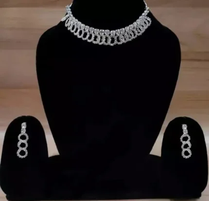 silver crystal choker necklace set with loop design earrings modern jewellery